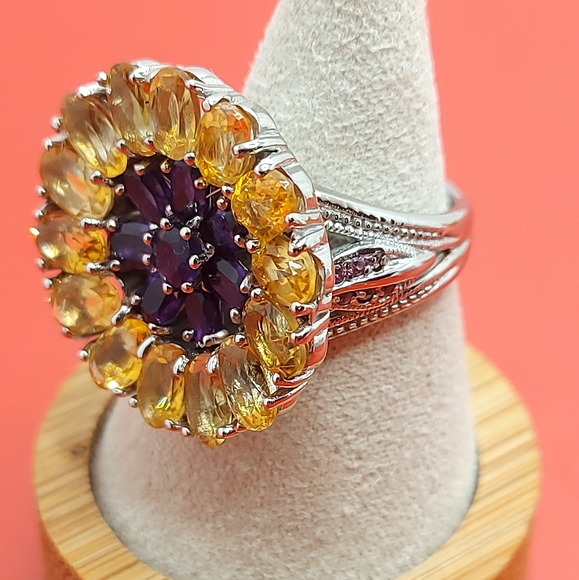 Natural Citrine, Amethyst, Rhodolite Garnet 925 Sterling Silver Ring Size 7.75 - Picture 11 of 12